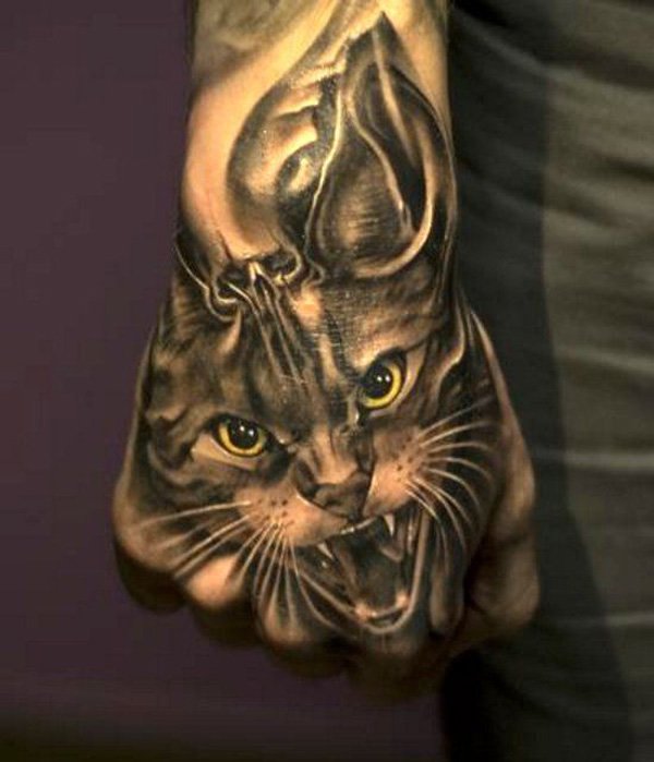 hand 3D cat tattoo